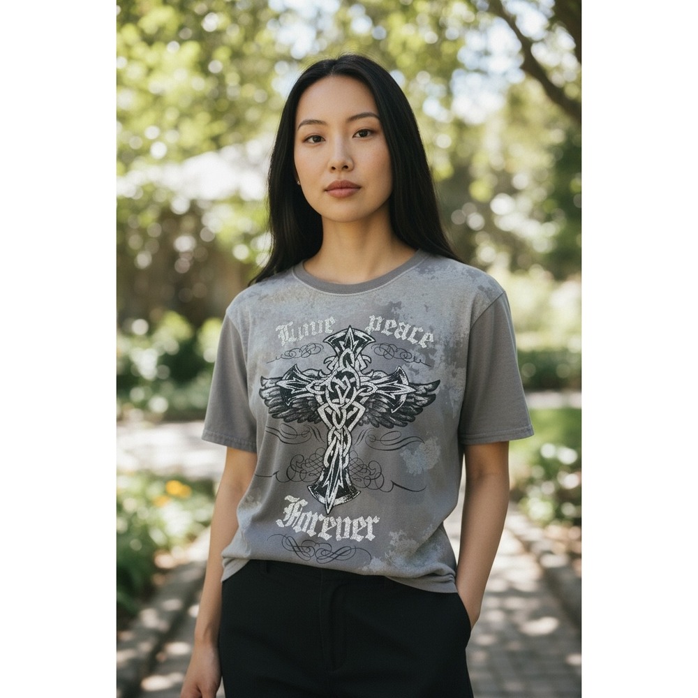 Twisted Courtesy Grey Graphic Tee Celtic Cross Wings Love Peace XL TATAPR-5